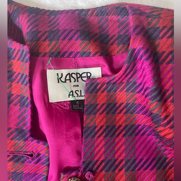 Kasper Skirt Suit Chanel Like Checkered Plaid Purple Red Vintage - Picture 6 of 8